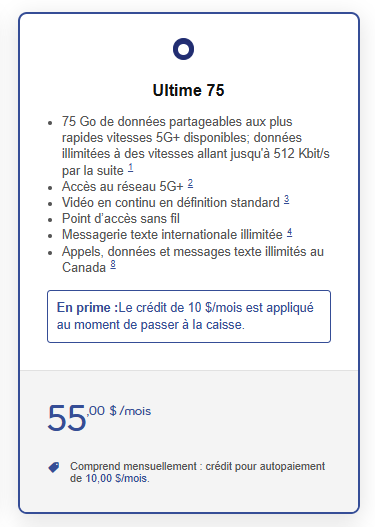 Crédits bonus sur les forfaits : obtenez 10 $/mois de réduction sur le forfait Ultimate 75 lorsque vous apportez votre propre téléphone ou financez-en un nouveau.