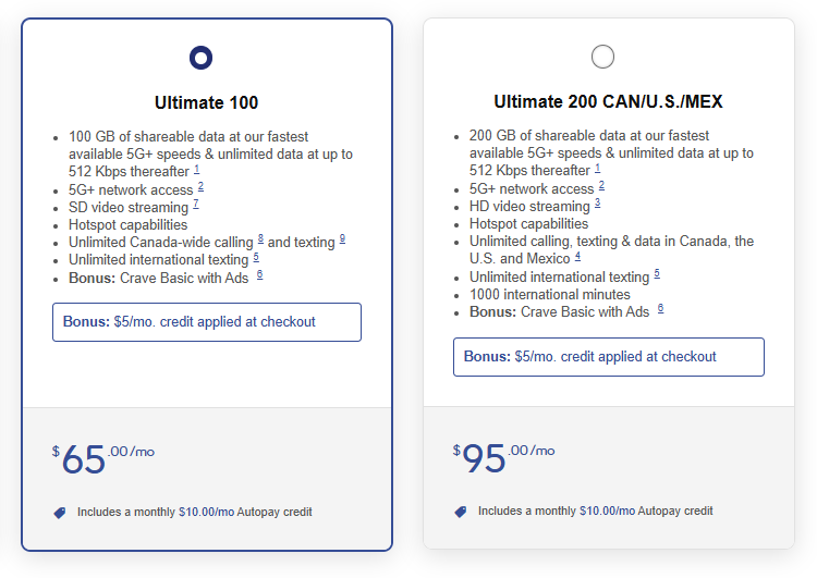 Bonus credits on plans: Get $5/month off the Ultimate 100 and Ultimate 200 CAN/U.S./MEX plans when you bring your own phone.