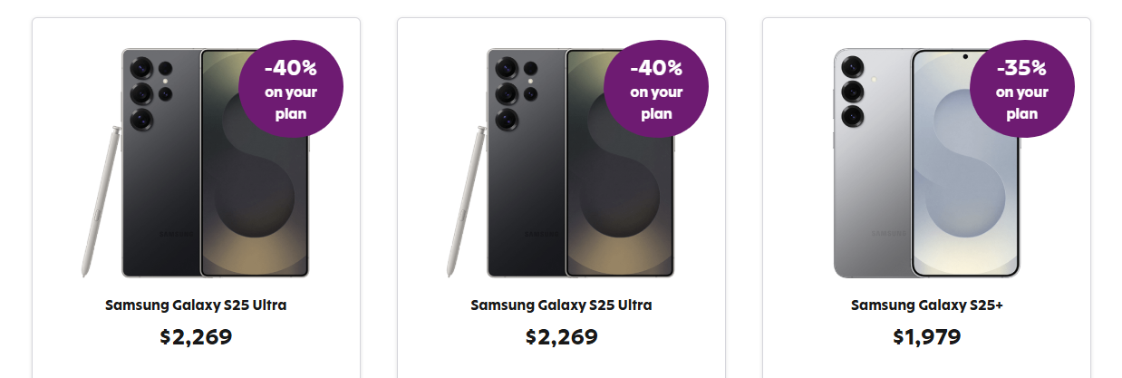 Save on your mobile plan for 24 months with phone purchases: 80% off on Google Pixel 9 Pro Fold, 70% on Pixel 9/9 Pro/9 Pro XL, 50% on Pixel 8a, 40% on Samsung Galaxy S25 Ultra, 35% on Galaxy S25 +, 30% on Galaxy S25, Z Flip6, or S24, 20% on Galaxy S24 FE, and 10% on Galaxy A16 5G.