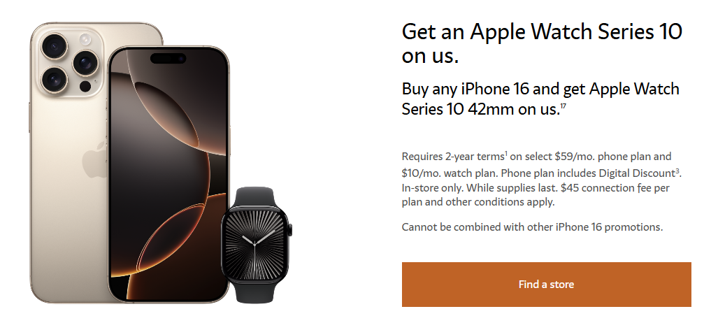 Buy any iPhone 16 and get a free Apple Watch Series 10 42mm. Conditions apply.