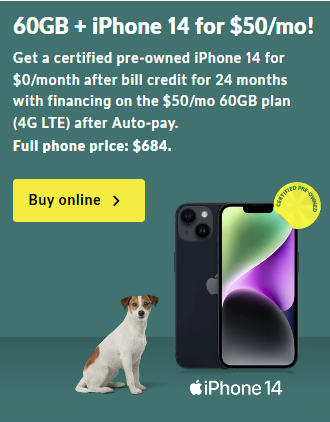 Get a certified pre-owned iPhone 14 plus a 60GB plan for only $0/month after auto-pay, with financing over 24 months.