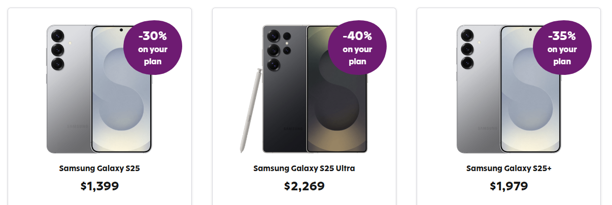 Save on your mobile plan for 24 months with phone purchases: 80% off on Google Pixel 9 Pro Fold, 70% on Pixel 9/9 Pro/9 Pro XL, 50% on Pixel 8a, 40% on Samsung Galaxy S25 Ultra, 35% on Galaxy S25 +, 30% on Galaxy S25, or Z Flip6, 20% on Galaxy S24 FE, and 10% on Galaxy A16 5G.