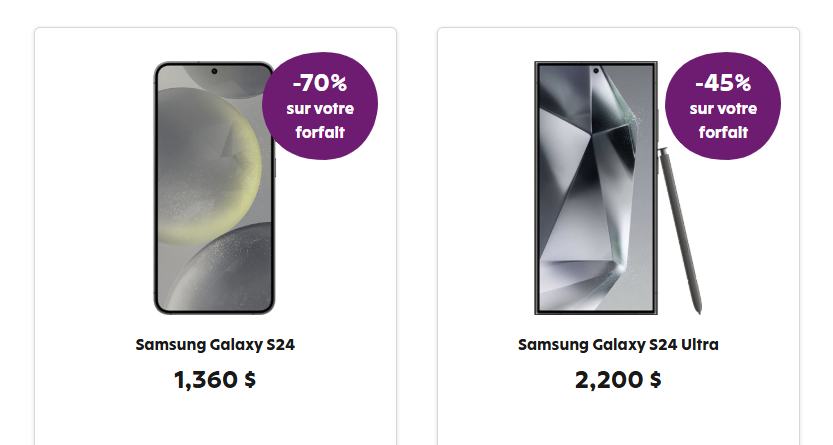 Économisez 70 % sur votre forfait mobile chaque mois pendant 24 mois à l'achat d'un Samsung Galaxy S24 ou 45 % avec un Samsung Galaxy S24 Ultra.