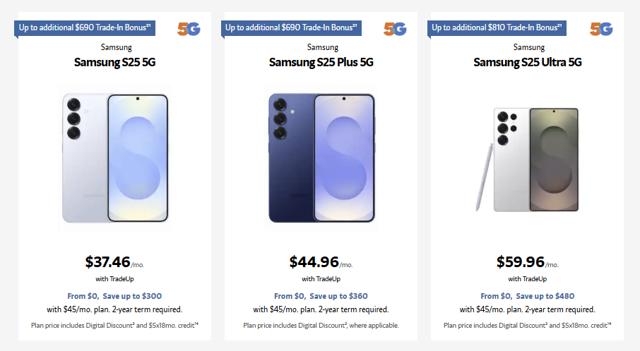 The new Samsung Galaxy S25, S25 Plus, and S25 Ultra are now available for pre-order. Trade in an eligible phone and get up to an additional $690 bonus with the Galaxy S25 or S25 Plus, or up to $810 with the S25 Ultra. In-store only.