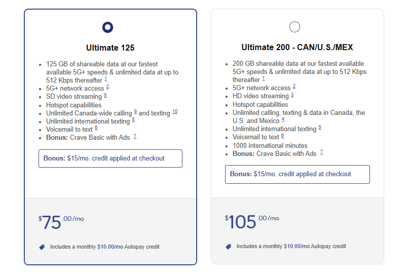 Bonus credits on plans: Get $15/month off the Ultimate 125 and 200 plans with phone financing, or $5/month off the Ultimate 100 plan when you bring your own phone.