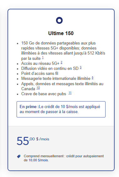 Crédits bonus sur les forfaits : obtenez 10 $/mois de réduction sur le forfait Ultimate 150 lorsque vous apportez votre propre téléphone ou financez-en un nouveau.