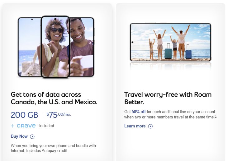 Get 200 GB for use in Canada, the U.S., and Mexico for just $75/month when you bring your own phone and bundle with Internet. Plus, get 50% off the Roam Better add-on for each additional line on your account when two or more members travel at the same time.