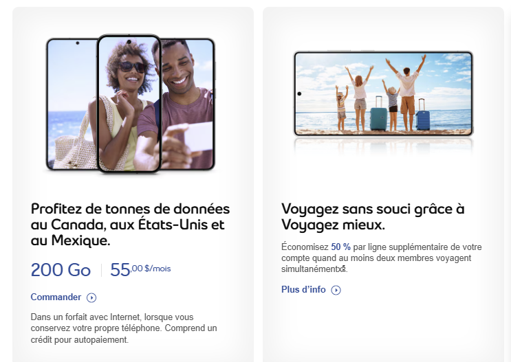 Obtenez 200 Go à utiliser au Canada, aux États-Unis et au Mexique pour seulement 55 $/mois lorsque vous apportez votre propre téléphone et que vous souscrivez à un forfait avec Internet. De plus, obtenez 50 % de réduction sur le module complémentaire Roam Better pour chaque ligne supplémentaire sur votre compte lorsque deux membres ou plus voyagent en même temps.