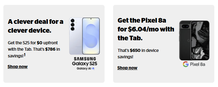 Phone deals: Get the Samsung Galaxy S25 for $0 upfront or the Pixel 8a for $6.04/month with the Tab, saving $786 and $650, respectively.